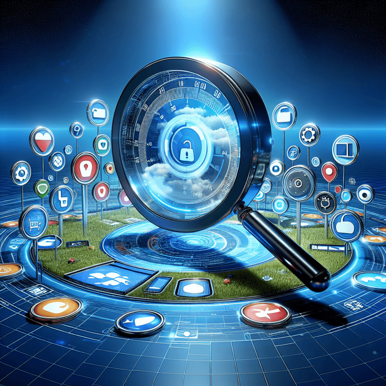 A 3D hovering magnifying glass scanning over a digital website landscape with symbols for key ranking factors.