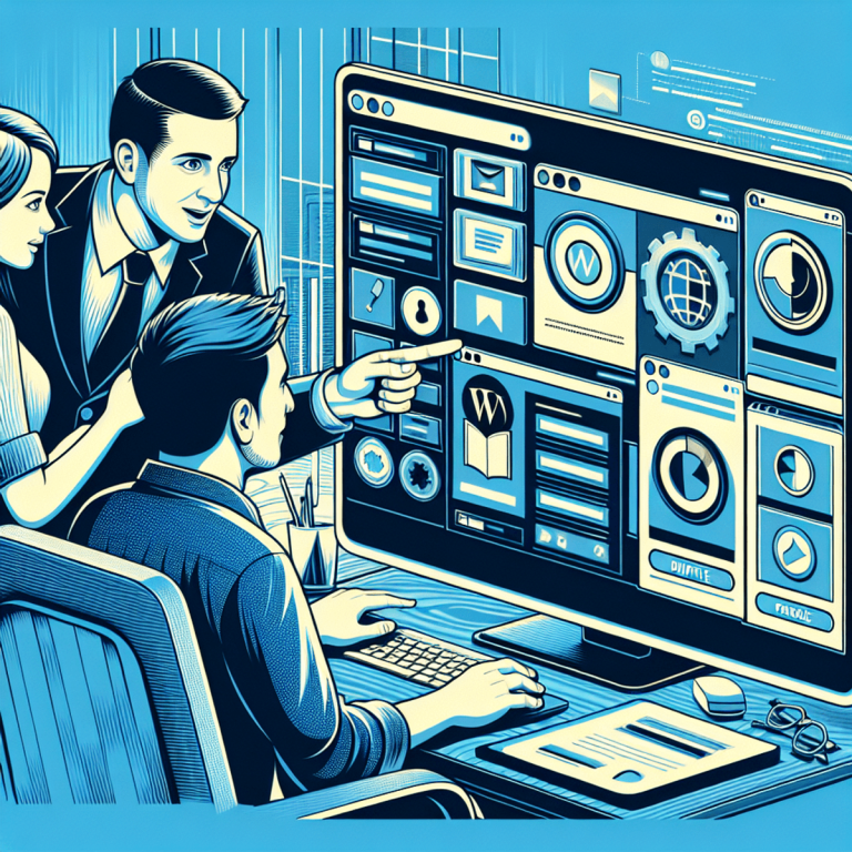 A Caucasian male and a Hispanic female engaged in a lively discussion around a computer screen displaying a realistic WordPress dashboard, featuring v