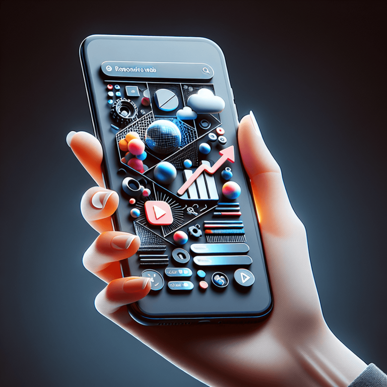A hand holding a modern smartphone displaying a responsive web design with abstract multimedia symbols.