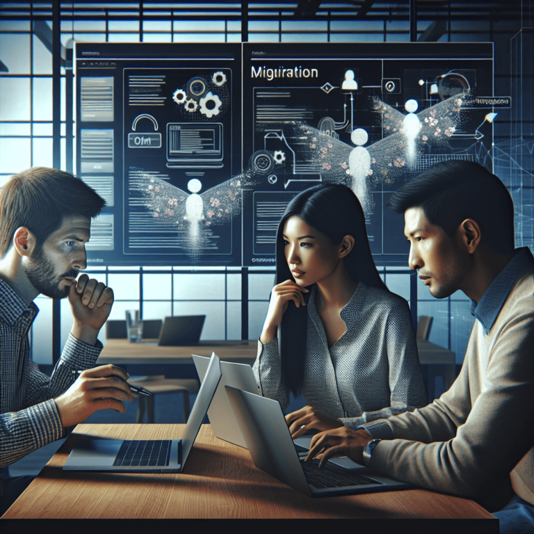 A modern office scene featuring three individuals: a Caucasian person, an Asian person, and a Hispanic person, all engaged in collaboration. They are