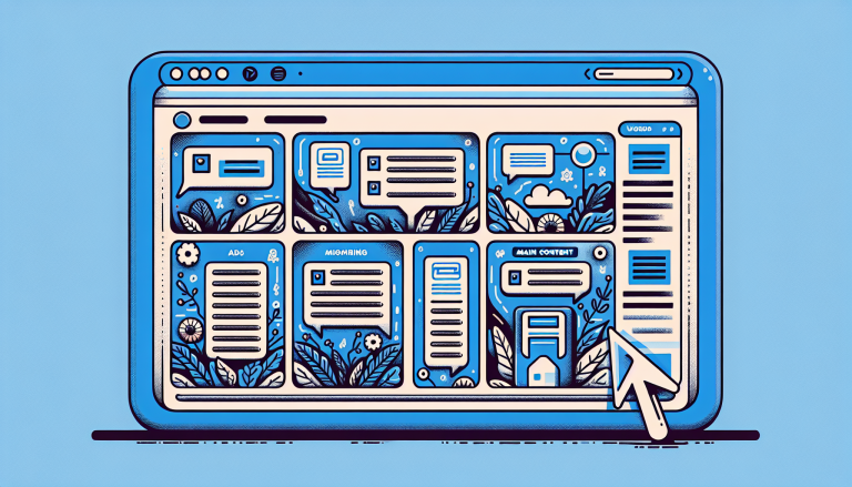 An illustrated laptop screen showcasing a colorful and engaging web layout design filled with various content blocks, messages, and decorative elements.