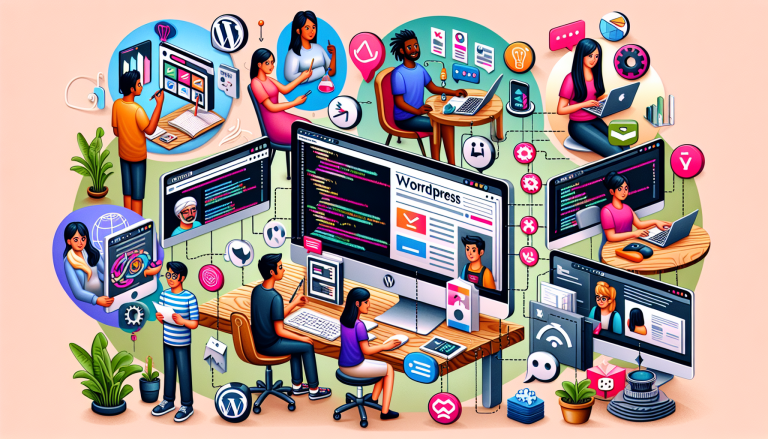 An illustrated scene depicting a diverse group of individuals engaged in various aspects of web development, including coding, design, and teamwork, centered around WordPress as the primary platform.
