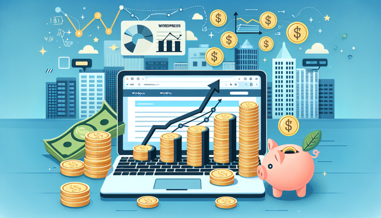 An illustration depicting a laptop displaying a WordPress site, surrounded by stacks of coins, a dollar bill, and a piggy bank, symbolizing online business growth and financial success.