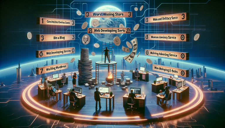 An illustrated representation of various digital marketing services and their rankings, showcasing a futuristic workspace with professionals engaged in web development activities.