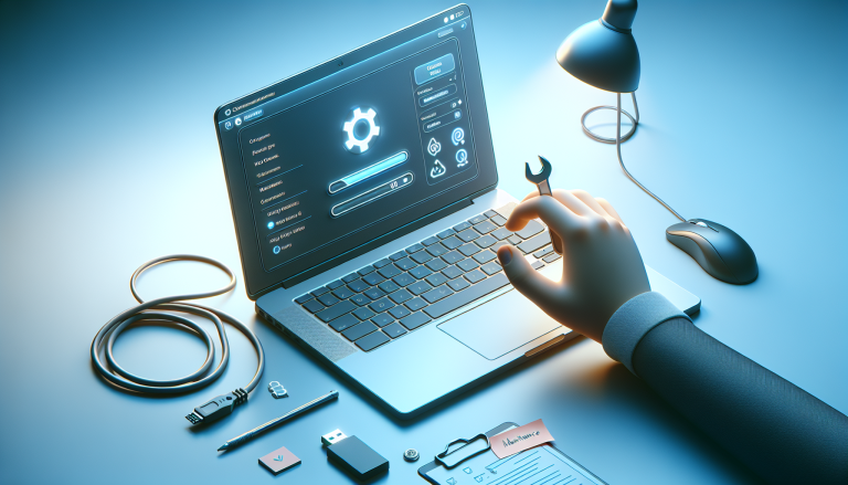 a hand holding a wrench in front of a laptop