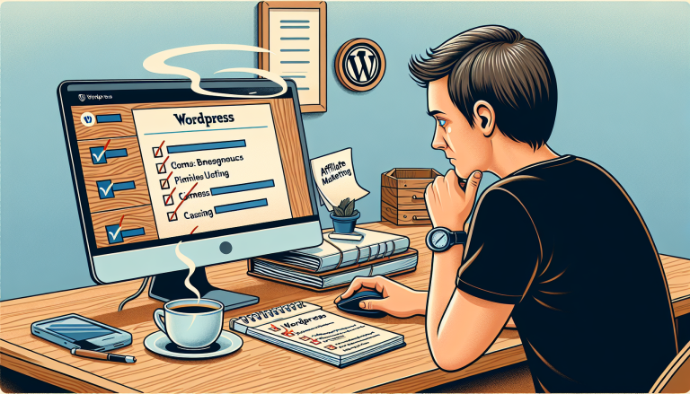 A young man thoughtfully engages with a WordPress checklist on his computer, highlighting tasks related to website management alongside a cup of coffee and a notepad.