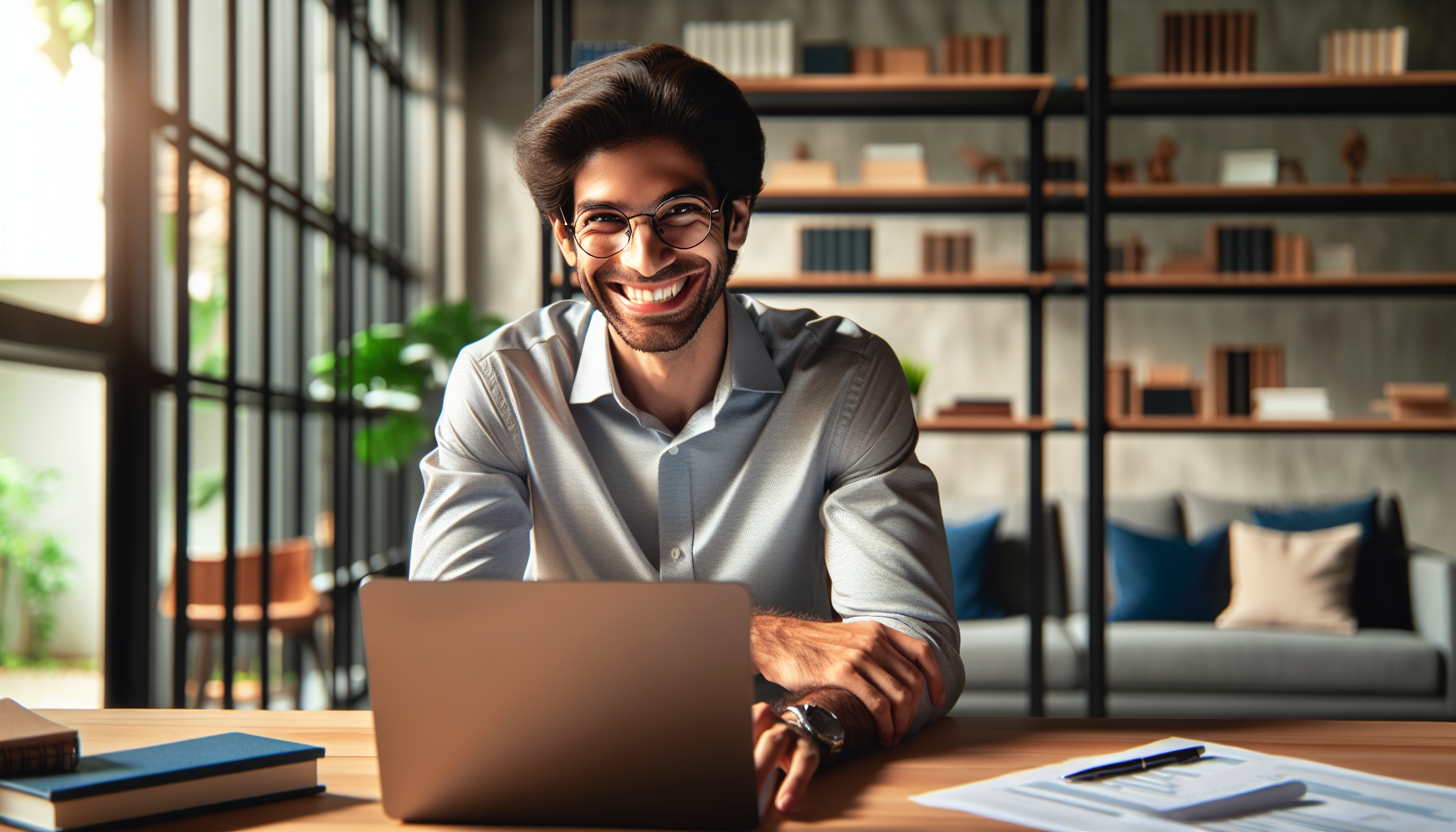 A cheerful young man with glasses sits at a desk in a contemporary office space, smiling at the camera. The background features bookshelves and greenery, creating an inviting atmosphere.