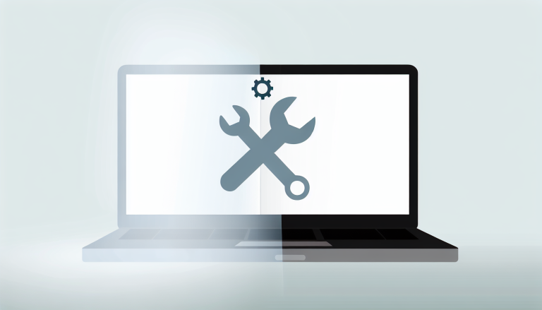 A modern laptop displaying a graphic of crossed wrenches and a gear, symbolizing technical support or maintenance.