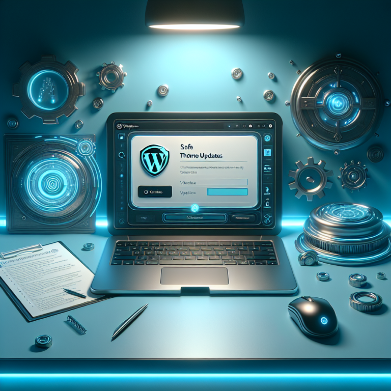 A sleek and modern digital workspace featuring a laptop displaying WordPress theme updates, surrounded by tech-inspired decor and tools.
