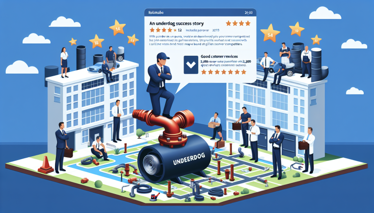 An illustration depicting the journey of a business labeled as an underdog, showcasing customer reviews, ratings, and various professionals in a visually engaging environment.