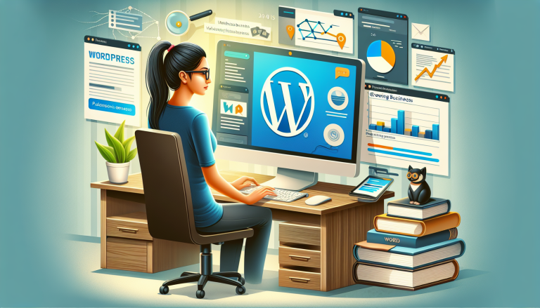 A woman sitting at her desk, focused on a computer screen displaying the WordPress logo and various analytics dashboards. The workspace features books, a potted plant, and a small decorative owl.