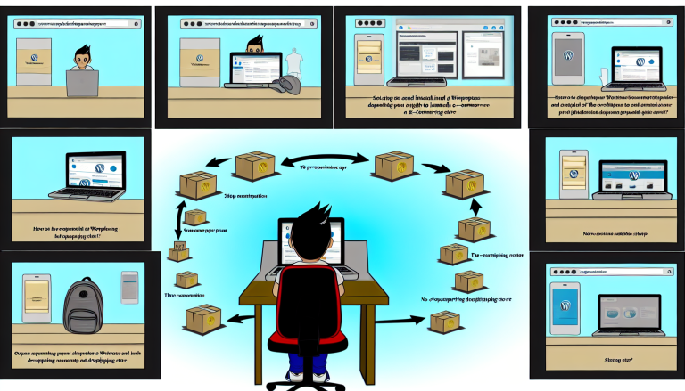 An illustrated guide showcasing the process of setting up a WordPress dropshipping store, including key elements like product selection, website management, and customer interactions.