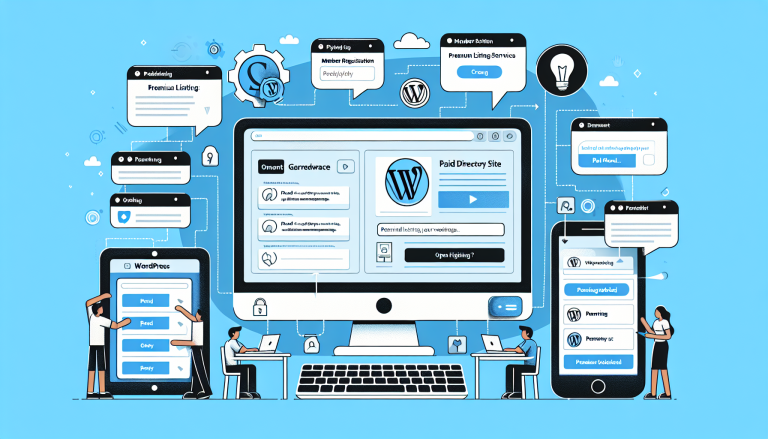 An illustration showcasing a WordPress paid directory site featuring user interface elements, subscription options, and various features aimed at enhancing online listings.
