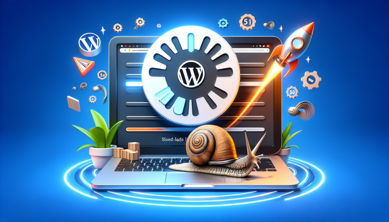 A creative illustration depicting a snail on a laptop, symbolizing slow loading times in WordPress. Ideal for a blog about website optimization.