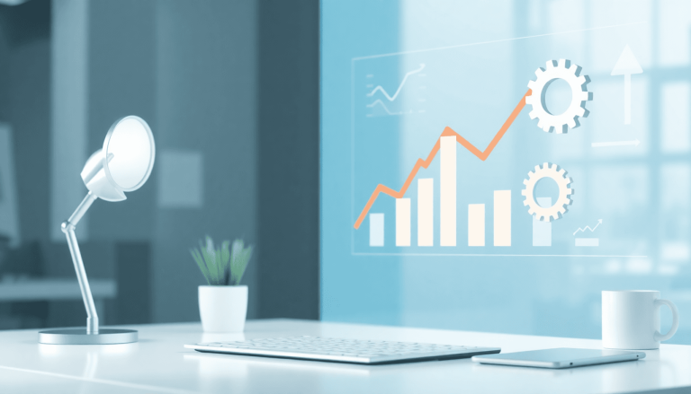 A bright, modern digital workspace with abstract website analytics, SEO icons like magnifying glasses and arrows, and gears symbolizing technical processes.