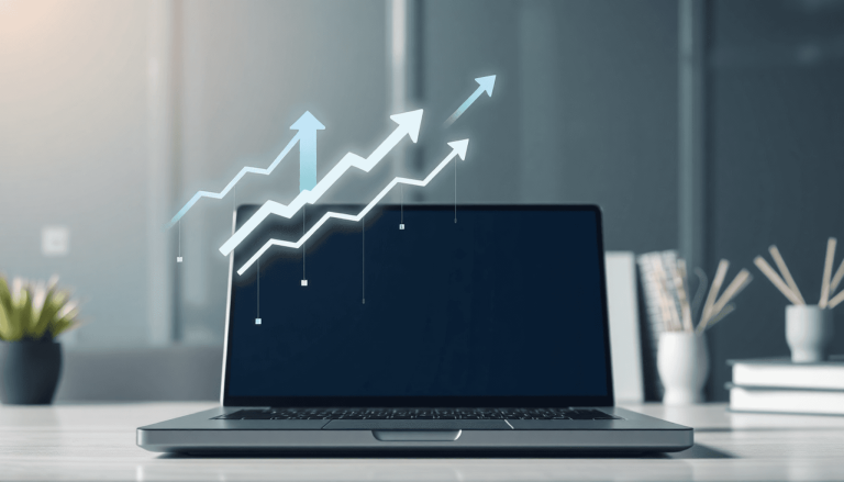 Laptop on a desk with floating digital graphs, upward arrows, and network icons against a clean, softly lit background symbolizing growth and strategy.