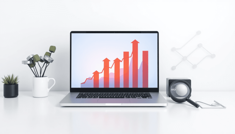 A modern workspace with a laptop showing abstract growth graphs, surrounded by icons of gears and magnifying glasses symbolizing website optimization and SEO tools.
