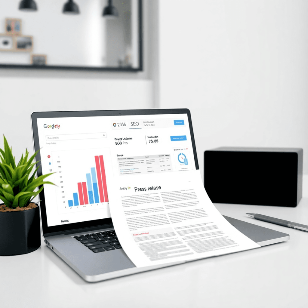 Press Releases and SEO standing on laptop