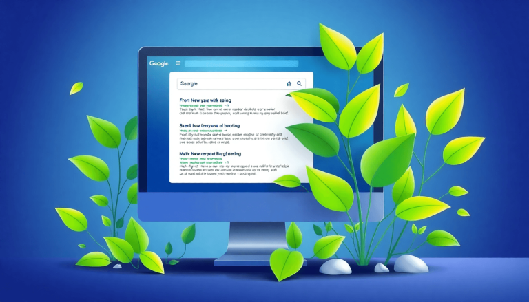 A computer screen shows a search engine results page surrounded by green leaves and organic elements, symbolizing natural and local SEO growth.