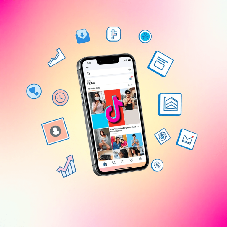 Smartphone showing TikTok app with colorful video thumbnails and trending hashtags, surrounded by icons of engagement, analytics, and advertising tools on a bright background.