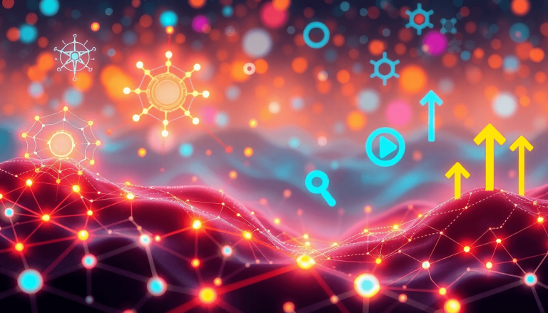 Futuristic digital landscape with glowing neural networks, interconnected nodes, magnifying glasses, and arrows symbolizing AI and search technology innovation.