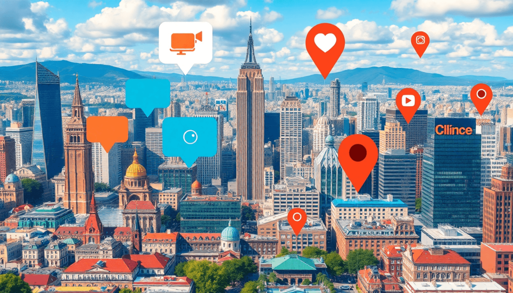 Cityscape with landmarks overlaid by chat bubbles, cameras, and location pins representing location-specific digital content creation.