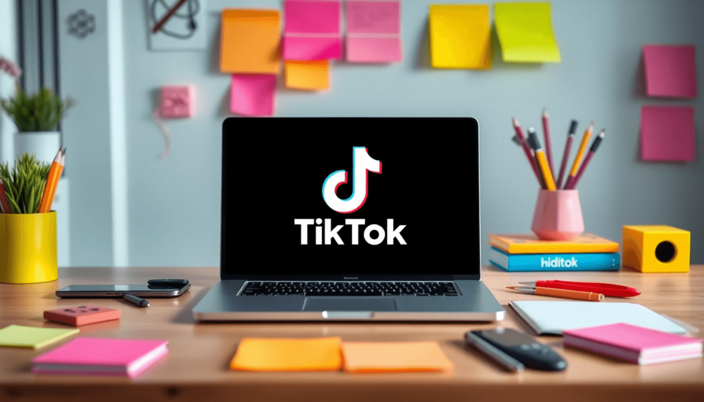 Modern workspace with laptop showing TikTok logo, colorful sticky notes, and creative tools symbolizing content creation and social media engagement.