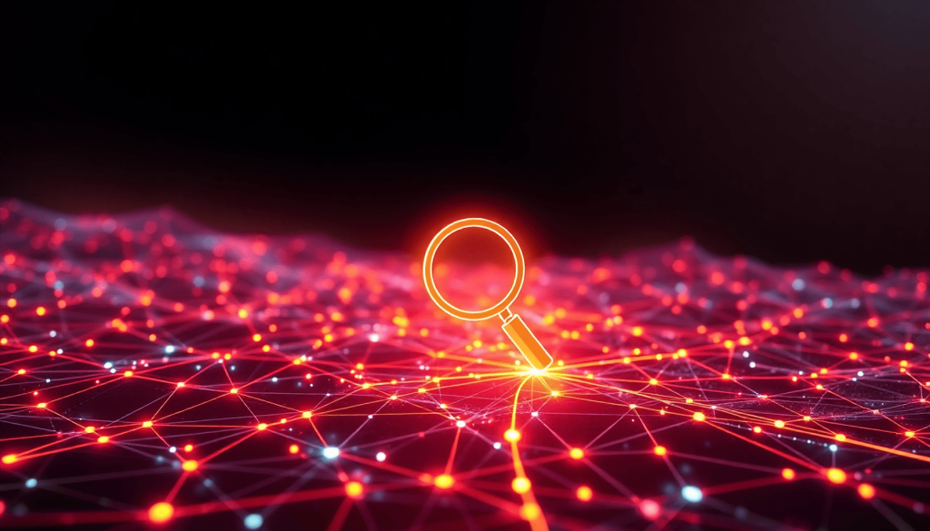 Glowing magnifying glass icon within a vibrant network of interconnected nodes and pathways on a dark background with subtle light trails.