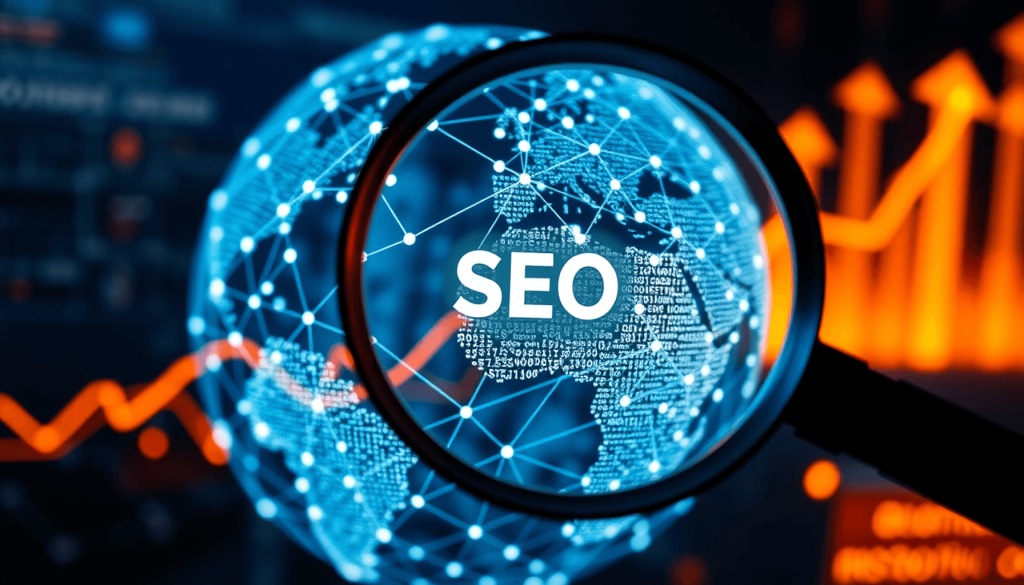 Close-up of a magnifying glass over a digital globe of interconnected nodes, with glowing data points and upward arrows symbolizing global SEO analysis and optimization.