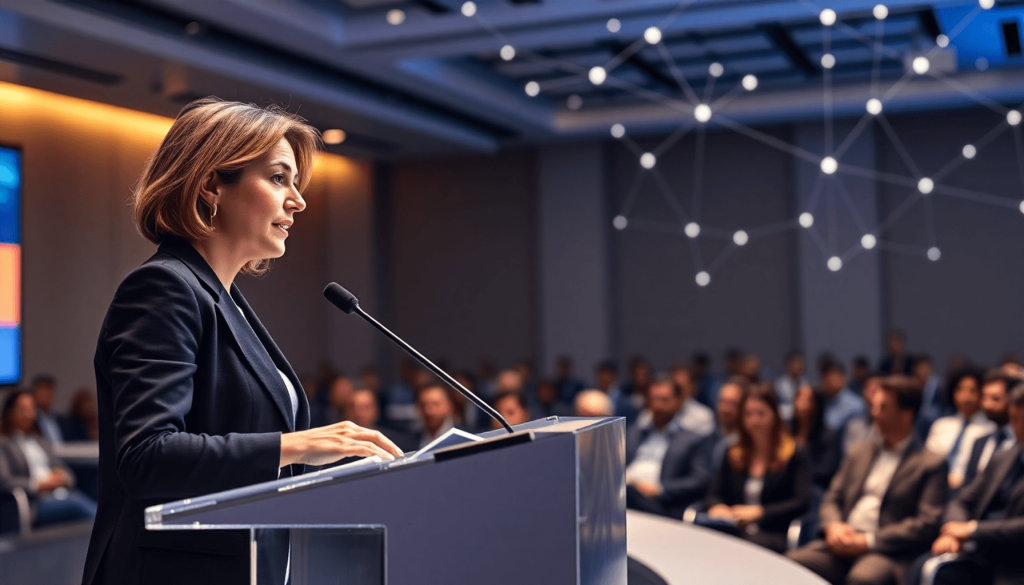 Businesswoman speaking at a modern podium with an engaged audience and glowing network connections symbolizing communication in a sleek event hall.