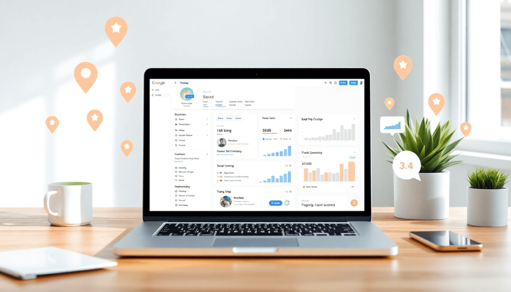 Modern workspace with laptop showing Google Business Profile dashboard, surrounded by location pins, review stars, and growth charts in a bright, professional setting.