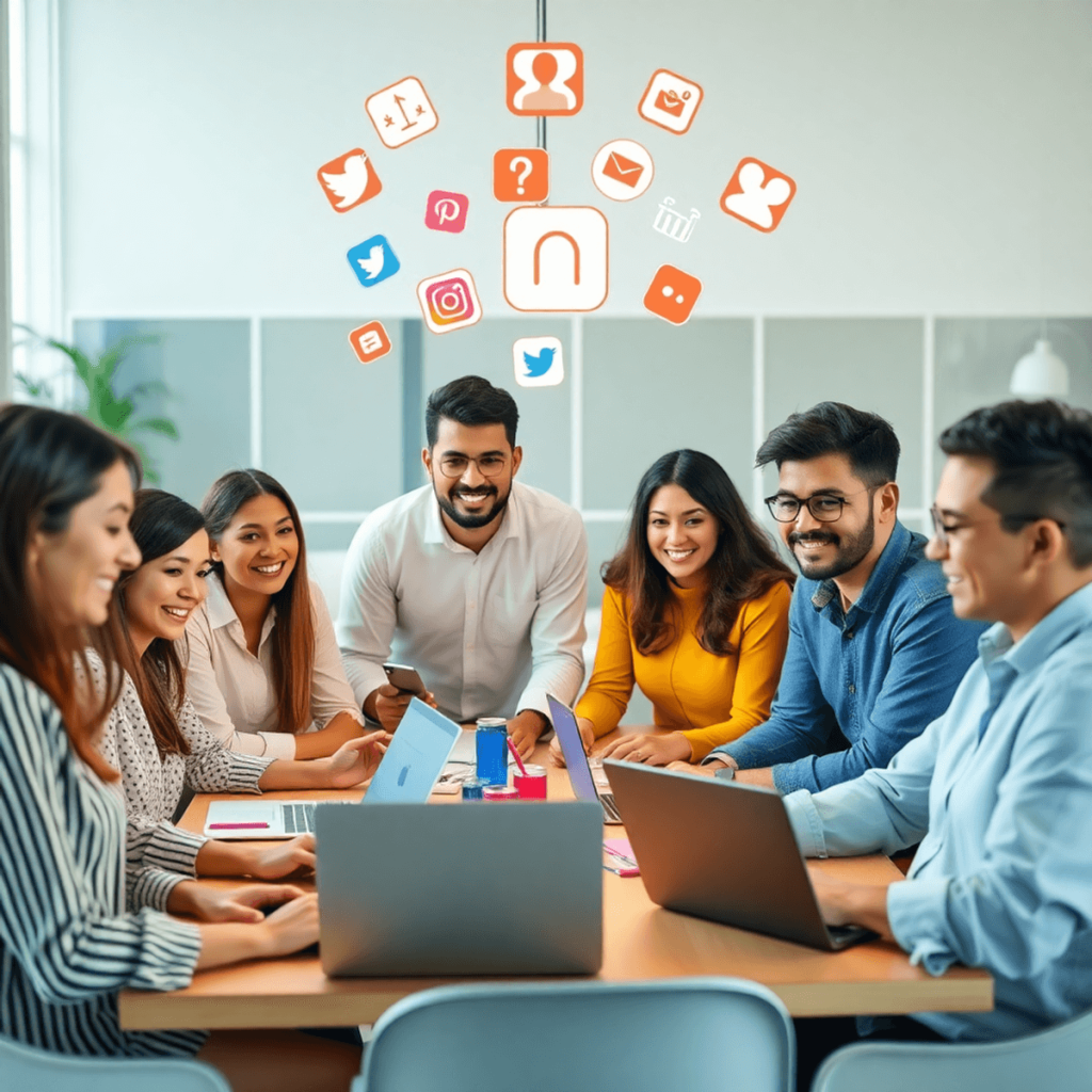 Group of influencers collaborating in a modern workspace with laptops, smartphones, and floating social media icons in a bright, engaging setting.