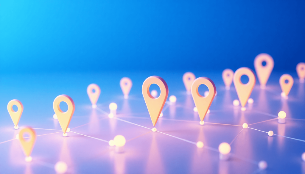 Glowing location pins connected by lines on a blue and white background, symbolizing local citations and quality backlinks in digital marketing.