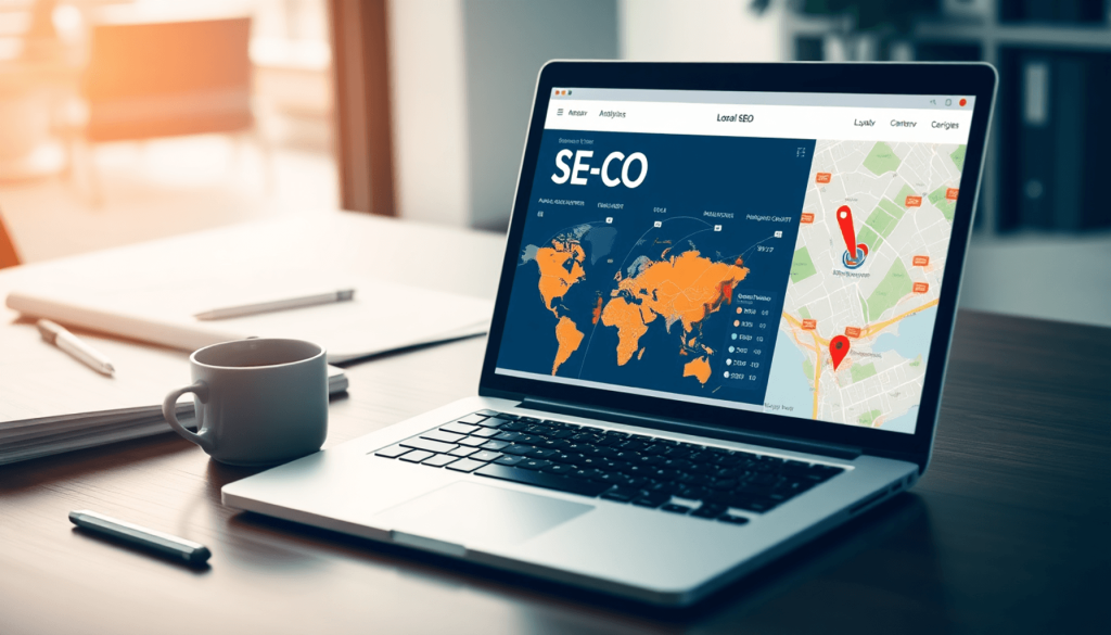 Laptop showing SEO analytics and maps on a desk with business documents and coffee cup in a professional office setting.